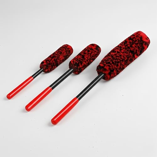Super Plush Car Wheel Cleaning Brush Set with Long Smooth Handles | 3-Pieces Soft Microfiber Rim & Alloy Wheel Detailing Brushes in Small Medium Large Sizes for Deep Auto Cleaning
