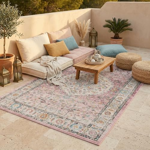 Pergamon Lagos Vintage Orient Rosa Creme Indoor Outdoor Teppich – Flachgewebe für Wohnzimmer, Terrasse & Balkon – Wetterfest, Pflegeleicht