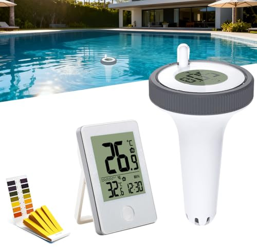 Pool Thermometer Funk, Thermometer Wassertemperatur Pool mit PH-Teststreifen, Poolthermometer Schwimmend, Badethermometer Pool Thermometer Wasserdicht für Teich Zubehör
