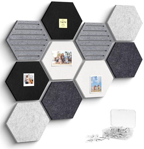 Hexagon Filz Pinnwand, 10 Stück Pinnwand Kork Alternative Selbstklebend, Dekorative Filzboard Vision Board Fotowand Memoboard Wanddekoration mit 30 Pinnnadeln für Büro, Küche, Kinderzimmer
