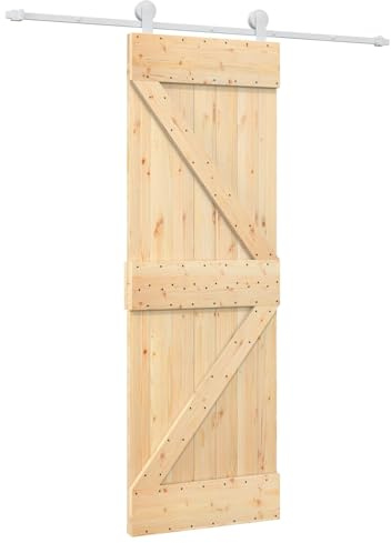 QJBSAVVA Porta scorrevole naturale e bianca, 70 x 210 cm, porta scorrevole in legno di pino massiccio con kit di guarnizioni da 183 cm, porta interna salvaspazio per divisorio in soggiorno e cucina