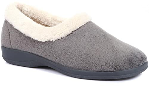 Pavers - Womens Full Slipper in Grey - Faux Fur Collar - Provides Ultimate Comfort - Indoors & Out - Size 5 UK