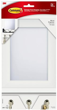 Command Mirror Organizer with 3 Key Hooks and Small Ledge, Holds up to 2 lb, Quartz, Removable Wall Mirror for Entryway or Hallway, Perfect for On-the-go Items