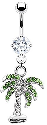 beyoutifulthings Bauch-nabelpiercing Palme Anhänger Stab 1,6mm 10mm Nabel-Piercing Edelstahl Chirurgenstahl Bananabell Zirkonia Silber Clear