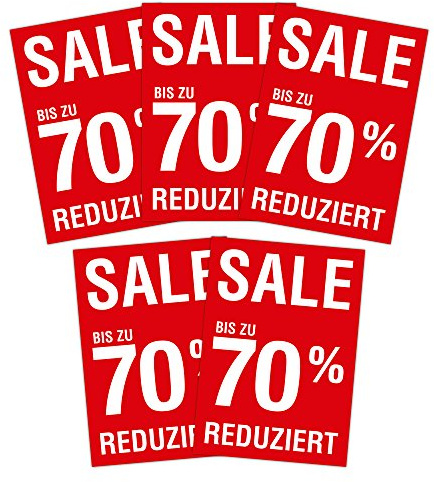 5x Plakat Sale bis zu 70 Prozent reduziert DIN A1 (841x594mm Kundenstopperformat) aus!