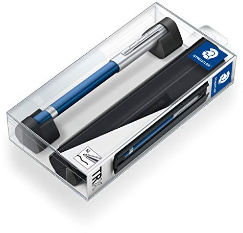 STAEDTLER TRX 412TRX3M-9ST Tintenroller (ergonomische Dreikantform, samtweiche Aluminium-Oberfläche, Aufsteckkappe mit Metallclip, Tintenroller Refill, Strichstärke: M, Schreibfarbe: schwarz) blau