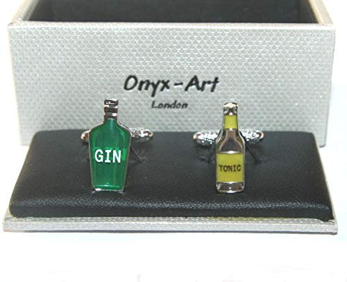 Onyx Art Mens Novelty Cufflinks - GIN & TONIC Bottles Design *Boxed* Gift NEW