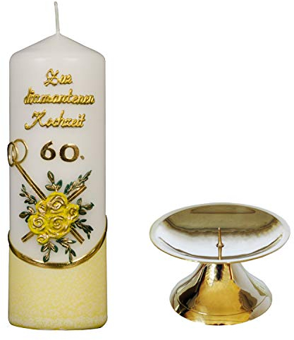 Auswahl * Stumpenkerze ''Zur Diamantenen Hochzeit'' * 6 x 18 cm * gelb * mit farbigen Wachsauflagen * (Motiv 004) * mit Kerzenständer aus Messing * Auswahl Motiv + Farbe