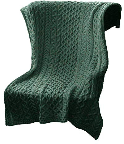 SAOL 100% Merinowolle Schwere Zopfmuster Wolldecke in Natur/Grün, 42x 62 (Grün)