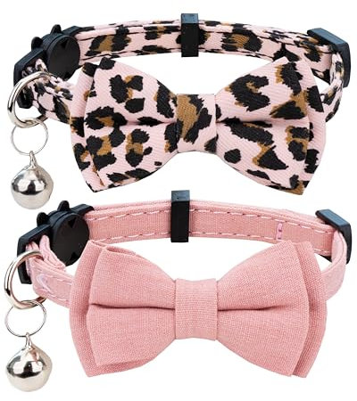 Gyapet Lot de 2 colliers pour chats et animaux domestiques avec clochette et nœud papillon Motif léopard rose et pur