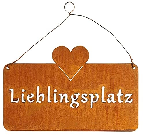 Rostschild Lieblingsplatz mit Herz in Rostoptik - 25cm x 16cm und Drahtaufhängung Spruchschild Gartendeko Metalltafel