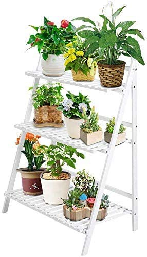 Fioriera a Scala Bianca, Scaffale per Piante in Legno Portapiante Pieghevole a 3 Ripiani Portavasi da Interno Portafiori da Esterno per Balcone Giardino e Terrazzo 70 x 40 x 96 cm