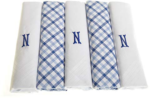 Surf the Shop 5 Stück bestickte Herren-Taschentücher mit Satin-Bordüre und blauem Karomuster, verschiedene Buchstaben, 5 Stück, N, 5 Pack
