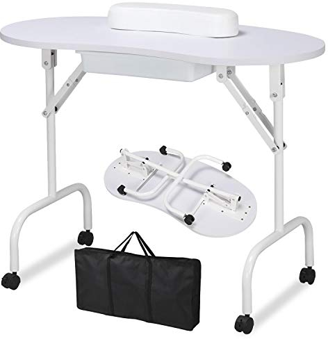 costoffs Folding Manicure Table Nail Technician Table Salon Beauty Desk Workstation W/Wrist Cushion Bag White