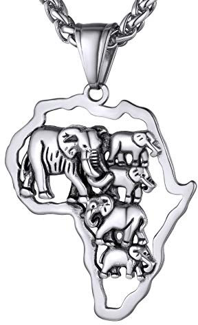 GOLDCHIC JEWELRY Edelstahl Elephant Aushöhlen Afrika Karten Anhänger in 3D Profil Afrika Karte Anhänger mit fünf 3D-Elefanten 56cm+5cm Verlängerungskette in Silber für Familie Amulet