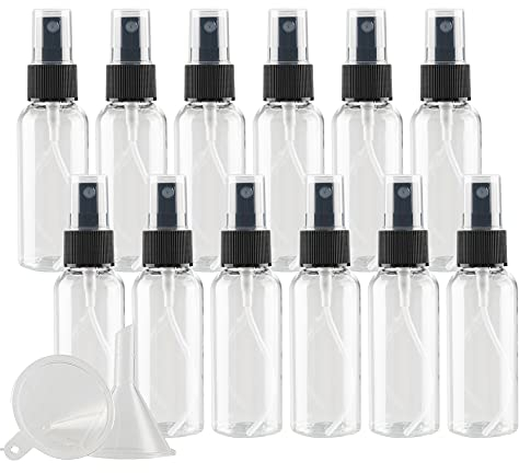 ZEOABSY 24 Pcs Clear 50ml Empty Fine Mist Plastic Spray Bottles Travel Atomiser Bottle Set, Portable Small Refillable Sprayer Bottles with Black Pump Head, 2 Pcs Funnels