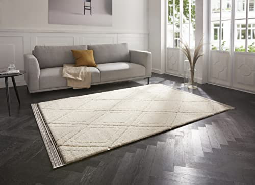 Mint Rugs Colin Teppich Hochflor Wohnzimmer-Teppich Weich Flauschig Langflor Shaggy Flokati Skandi Rauten Muster für Küche Flur oder Schlafzimmer Hoch-Tief Struktur Creme 160x230 cm