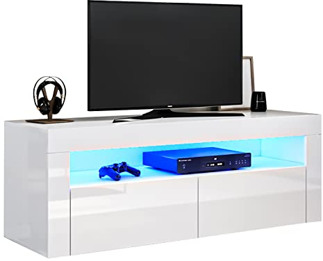 SONNI Mueble TV Blanco Brillo con Luces LED 12 Colores LED,Mesa de Salón para TV 2 Puertas Abatibles 120 cm