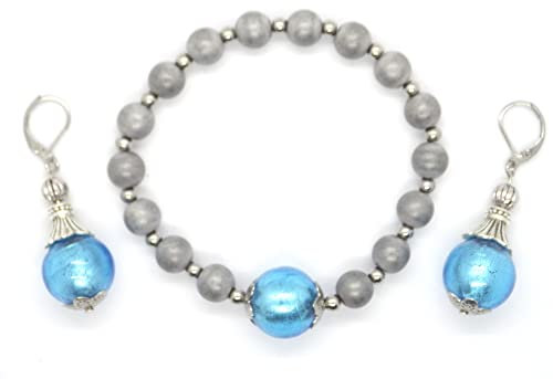 Parure bracelet et boucles d'oreille en acier inoxydable, hématite et perles en verre de Murano bleues turquoise