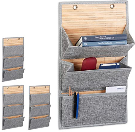 Relaxdays Wandorganizer Bambus mit Jutemuster Fächer versch. Größen, Zeitungshalter zum Hängen für Büro und Flur, grau