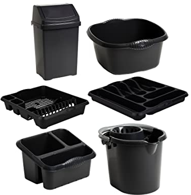 JMS we create smile Kitchen Organiser Set - 25L Swing Top Bin + Square Washing up Bowl + Large Dish Drainer + Large Cutlery Tray + Mop Bucket + Sink Tidy (Midnight Grey/Dark Grey)