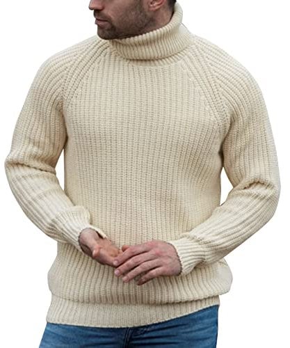 KINKOCCL Men's Turtleneck Pullover Sweater - Autumn, Winter - Long Sleeve - Turtle Neck - Cable, Rib Weave - Solid Color - Beige - Medium - UK Size