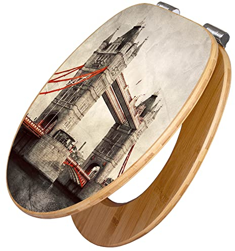 banjado® Design WC Sitz Bambus Absenkautomatik mit Motiv London Bridge/Toilettendeckel mit Absenkautomatik Holz/hochwertiger Bambus Klodeckel/WC-Sitz für alle gängigen Toiletten