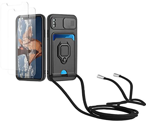 Kaslly Cordon de Coque Compatible avec iPhone X/XS+[2 Pièces Verre Trempé],Couvercle Coulissant de la Caméra+Support Annulaire à 360 Degrés,Fentes pour Cartes-Noir