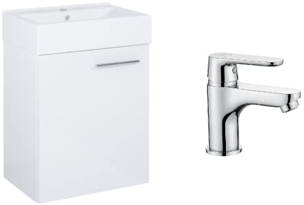 VBChome Badmöbel Set 45 cm Weiß Waschbecken mit Hängeschrank Weiß mit Armantur Chrom Waschtisch 1-Türen Soft-Close Waschtischarmatur Chrom Modern Elegant