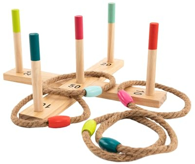 TP Toys Wooden Ring Toss - Includes 5 Coloured Wooden Pegs And Baseboard And 5 Coloured Rope Rings. Made From FSC Certified Wood. Outdoor Games, Family Lawn Games - Suitable For 3+ Years.