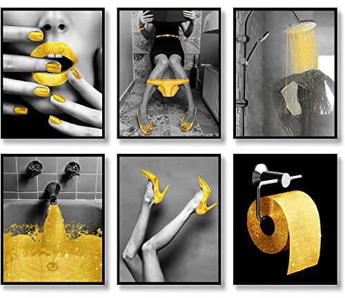 Fashion Wall Art Badezimmer Wanddekoration Drucke Glam Glitter Tissue Leinwand Poster Fotos Gold Badezimmer Bilder Kunstwerk Schwarz und Weiß Moderne 8x10 Zoll (20.3x25.4cm) Ungerahmt