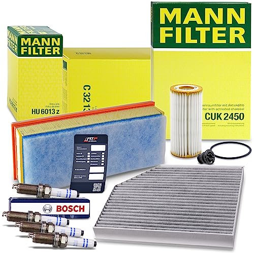 MANN-FILTER Inspektionspaket Filterset 1x Ölfilter, 1x Innenraumfilter, 1x Luftfilter, 4x Zündkerze, 1x Ölablassschraube Kompatibel mit AUDI A4 B8 (8KH) (8K2) (8K5), A5 (8T3) (8F7) (8TA), Q5 (8RB)