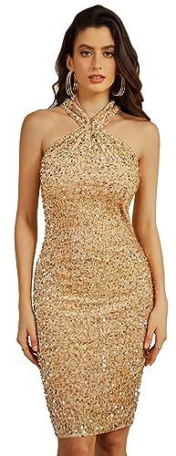 Damen Glitzer Kleid Knielang Ärmellos Bodycon Cocktailkleid Samtkleid Pailletten Kleid Festlich Partykleid Gold XL