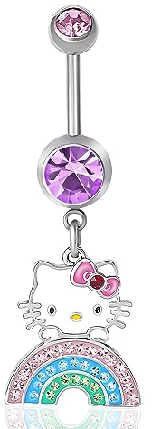 Hello Kitty Hello Kitty Sanrio Bauchnabelring für Damen, 14 g, Edelstahl, offizieller Lizenzprodukt, Körperschmuck, Edelstahl, Kristall