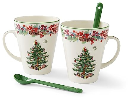 Spode Christmas Tree 2023 Annual 4pc Mug and Spoon Set | Christmas Mugs - Microwave & Dishwasher Safe | Cute Coffee Mugs | Porcelain Coffee Cup & Spoon | 13-Ounce Coffee Mug, Red