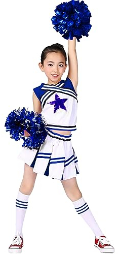 LOLANTA Mädchen Karneval Kostüm, Cheerleader kleid mit Pompoms und Socken, Mittelschule Cheerleading Uniform, Blau, 8-9 Jahre, 140