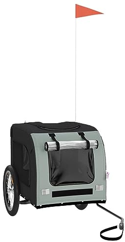 vidaXL Fahrradanhänger für Hunde, Hundeanhänger mit Reflektoren Flagge, Hundetransporter Maximale Belastbarkeit 45kg, Schwarz Grau Oxford-Gewebe Eisen