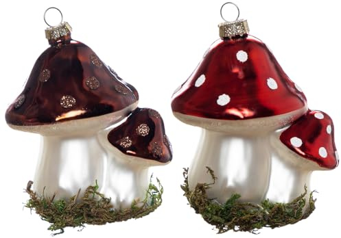 Set of 2 Blown Glass Mushroom Ornaments for Christmas Tree, Hanging Glass Mushroom Christmas Ornaments