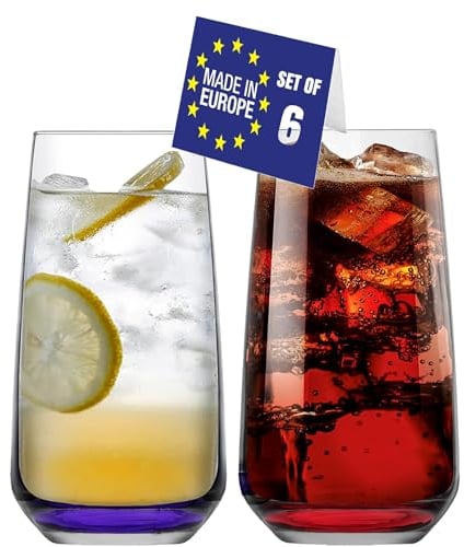 LAV Premium Drinking Glasses Set of 6 with Colored Ball, Tall Glass Tumbler 480ml, 100% LEAD FREE Caipirinha Glasses, Water Glasses Juice Glasses Highball Glasses Cocktail Glasses, Iced Tea