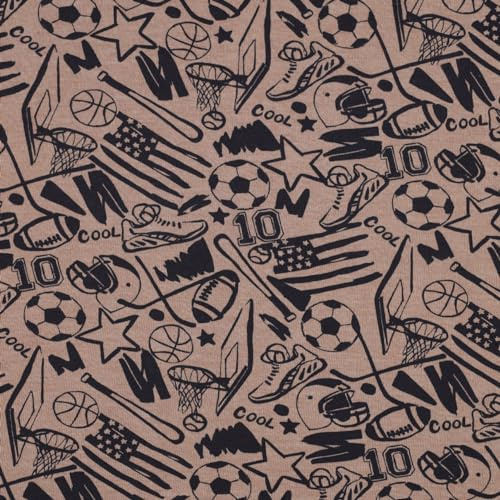 Sweat Stoff Meterware Kinder Sportmotive – Taupe Meliert mit Fußball, Basketball & Baseball, 140 cm breit, 60% Baumwolle 40% Polyester, weich & pflegeleicht, ideal für Bekleidung & Accessoires