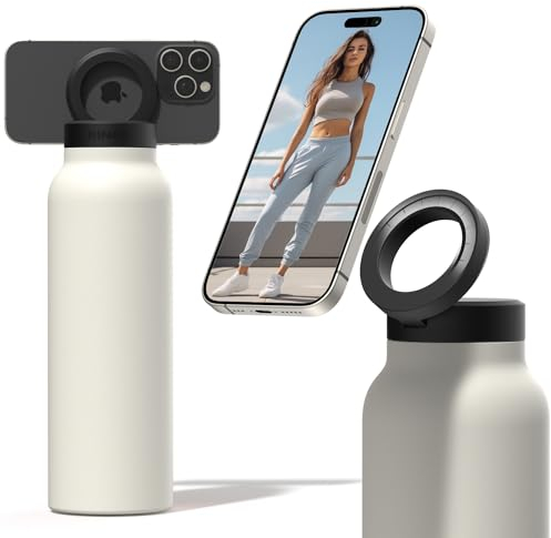 Ringo Isolierte Wasserflasche, MagSafe-kompatible Wasserflasche mit magnetischer Handyhalterung, Edelstahl-Wasserflasche mit Stativ-Handyhalterung, heiß 12 Stunden, kalt 24 Stunden, 360 ° drehbar,