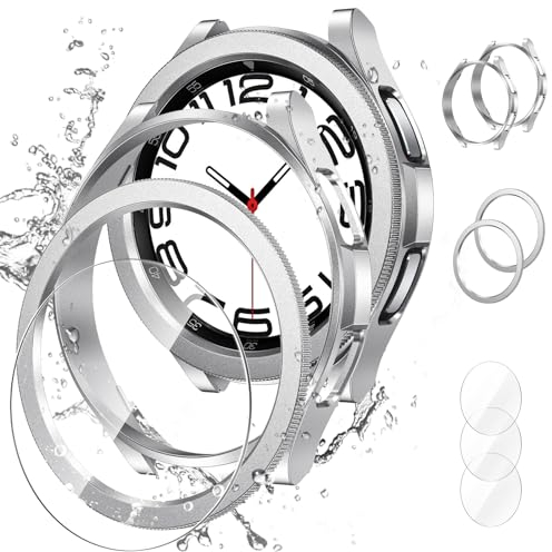 Neitra [2+2+3Pièces Samsung Galaxy Watch 6 Classic 43mm Coque + Protection d'écran, Anti-buée 3 Films de Protection en Verre trempé + 2 Étui rigides en PC Anti-Rayures +2 Anneau de Cadre Adhésif Étui