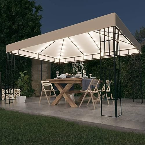 Gecheer Gazebo con Stringa di Luci LED,Gazebo da Esterno,Gazebo Pergola con Telo,Padiglione da Giardino,Tenda per Feste,Gazebo per Barbecue,Gazebo 3x4 m Crema
