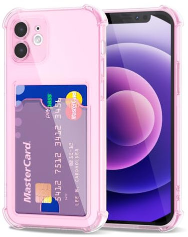 Svanove for iPhone 12 Mini Case Wallet Clear, Card Holder Case with Credit Card Slot, Thin Slim Transparent Silicone Grip Soft Rubber Protective Shockproof Airbag Bumper for Women, Light Pink