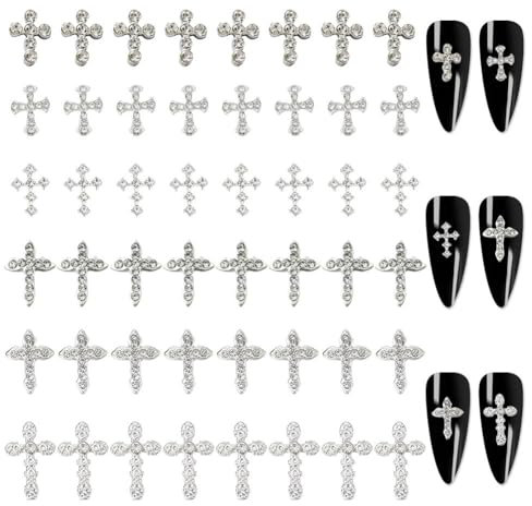 GOMAKERER 48 Stück 6 Stile Strass Kreuz Charms für Nägel, kleine Cabochon aus Silber, Punk, Vintage, Schmuck, Nagelkunst, Zubehör, Dekoration, Cabochon, gekreuzt, zum Basteln, Zubehör