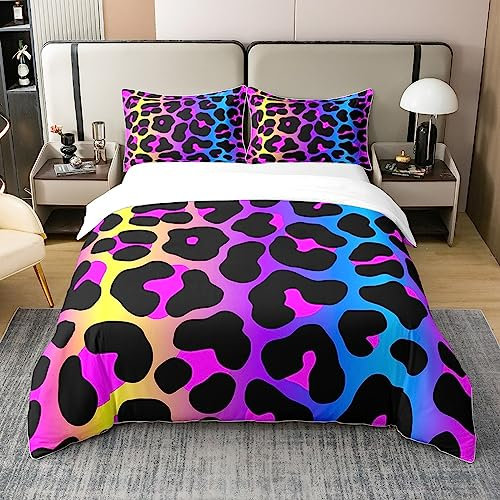Loussiesd Leopard Druck 100% Baumwolle Bettwäsche Set 135x200cm für Mädchen Einfache Moderne Geparden Druck Betten Set Dekorative Abstrakte Kunst Bunte Bettbezug Set Schwarz Blau Lila Bettwäsche
