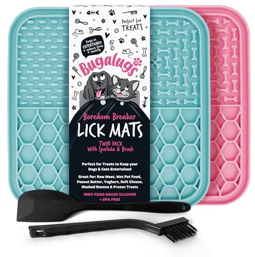 Bugalugs Licky Mats For Dogs, 100% Food Grade Lick Mats For Dogs & Cat Food Mat BPA Free Dog Mat, Feeding & Licking Lick Mat, Reduce Stress & Anxiety, 2x Pet Food Mat, Spatula & Brush (Pink & Blue)