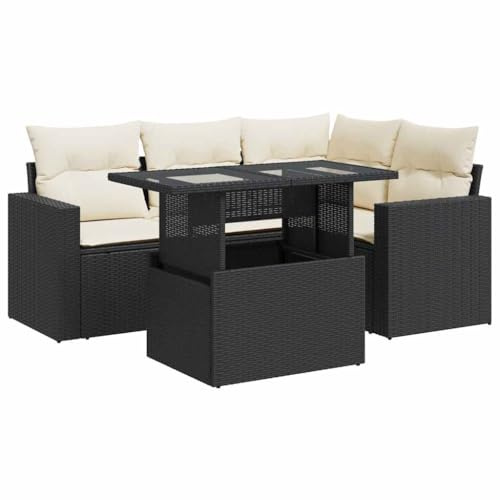 vidaXL 5-TLG. Garten-Sofagarnitur mit Kissen Schwarz Poly Rattan, Outdoor Sofa Set, Outdoor Sofagarnitur, Garten-Lounge-Set, Garten Sofagarnitur