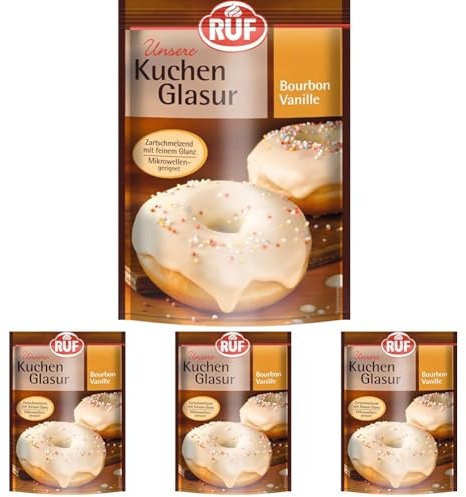 RUF Kuchen-Glasur Bourbon Vanille, 100g im Beutel, mikrowellengeeignet, zum Glasieren & Dekorieren von Plätzchen, Muffins & Kuchen, glutenfrei (Packung mit 4)