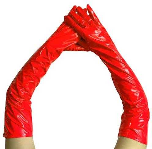 krautwear Damen Ellenbogenlange Glänzende Abendhandschuhe Handschuhe Lack und Leder Optik Pink Rot Schwarz (Rot)